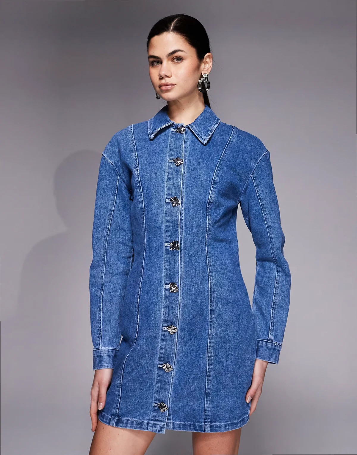 seam detailed button up mini dress in medium denim