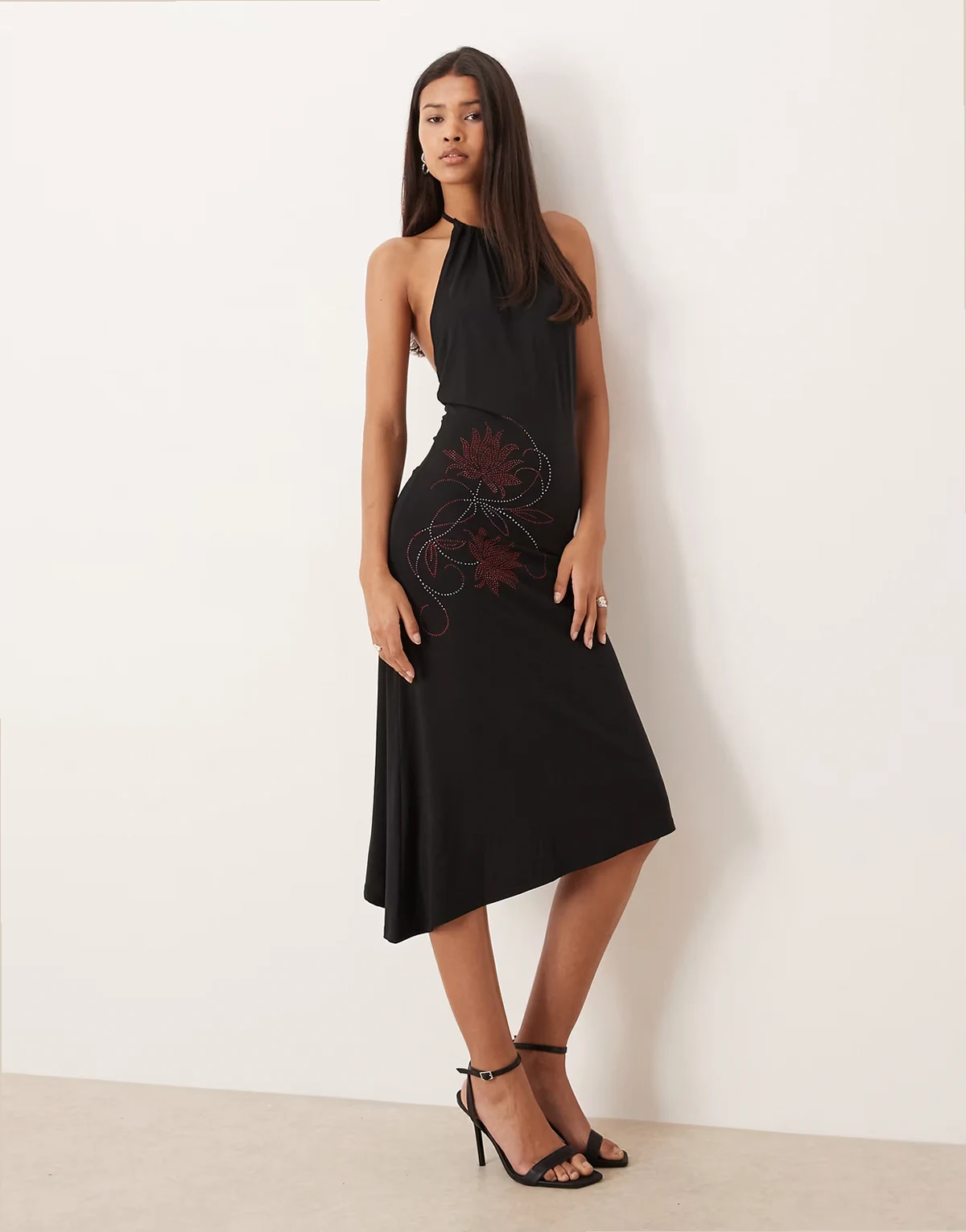 Zavine halter asymmetric dress with flower diamante detail in black