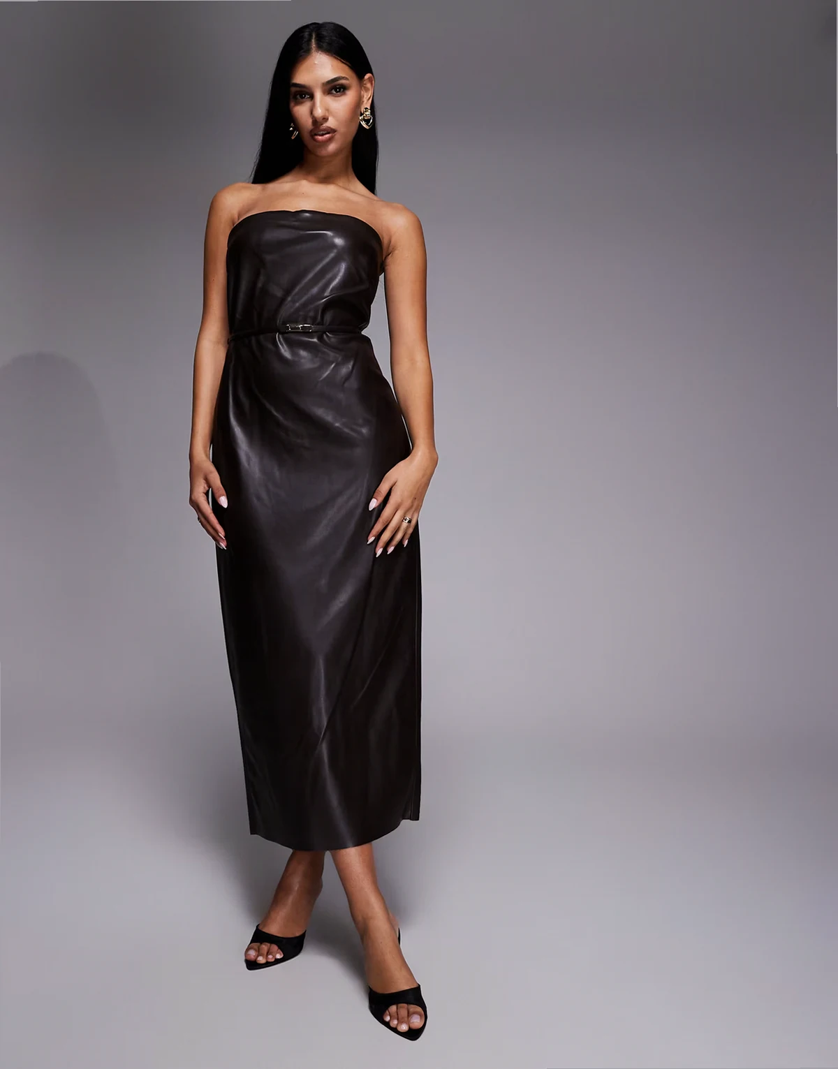 faux leather bandeau dress with skinny belt in dark brown