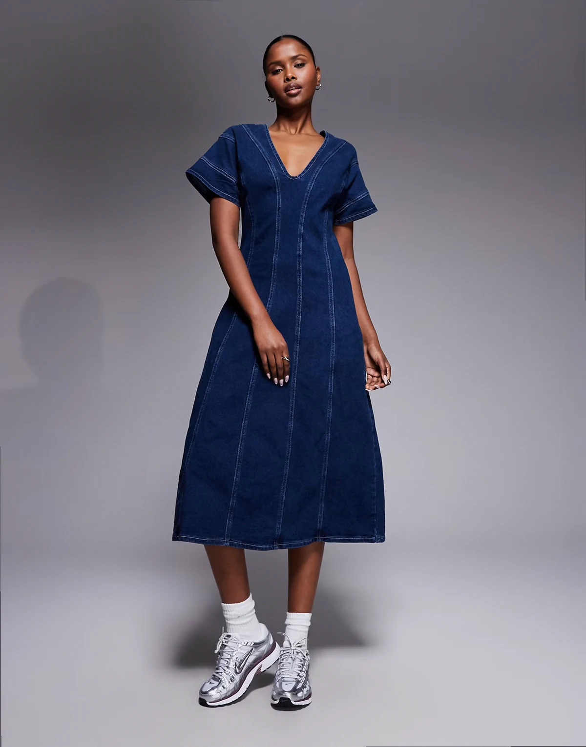 seam detailing dress in dark denim