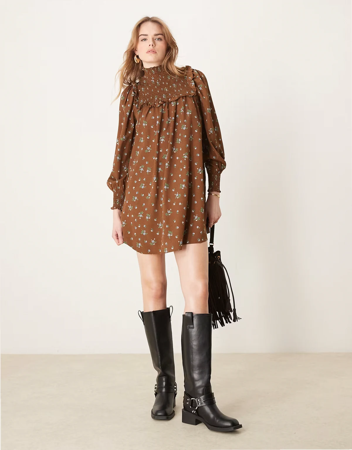 shirred neck mini smock dress in brown with blue floral