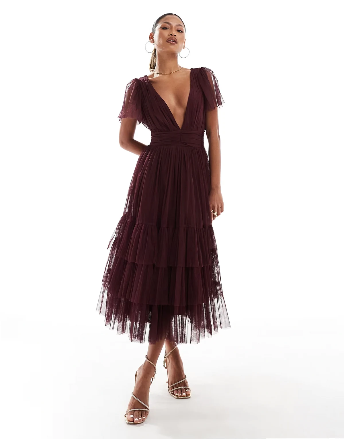 Bridesmaid Madison v neck tulle midi dress in burgundy