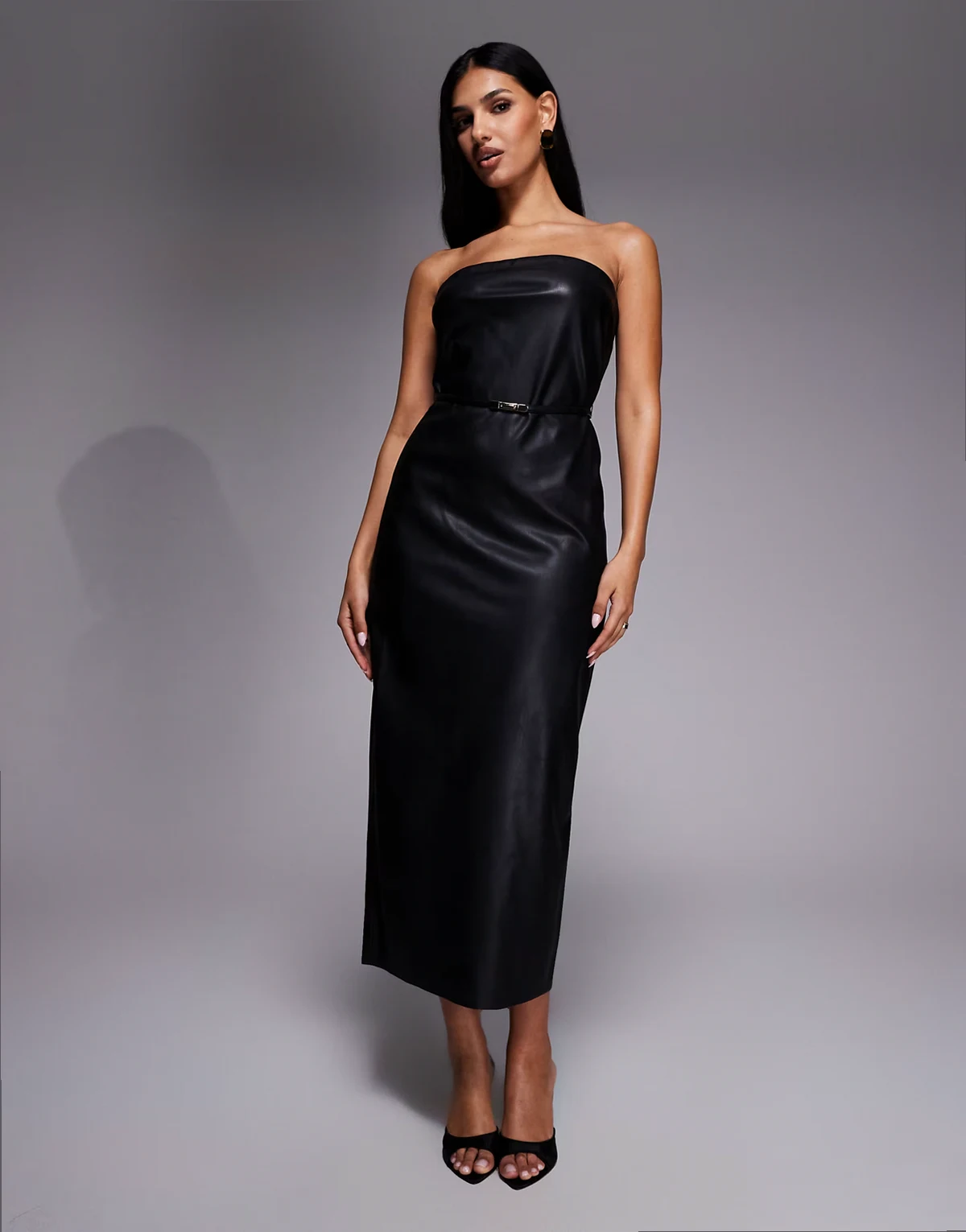 faux leather bandeau dress with skinny belt in black