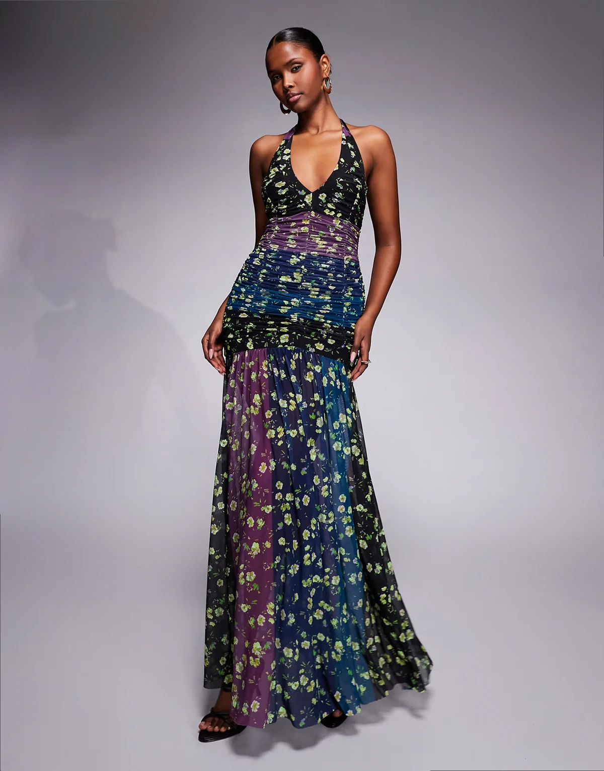 Melissa mesh halter neck ruched dropped waist maxi dress in floral stripes