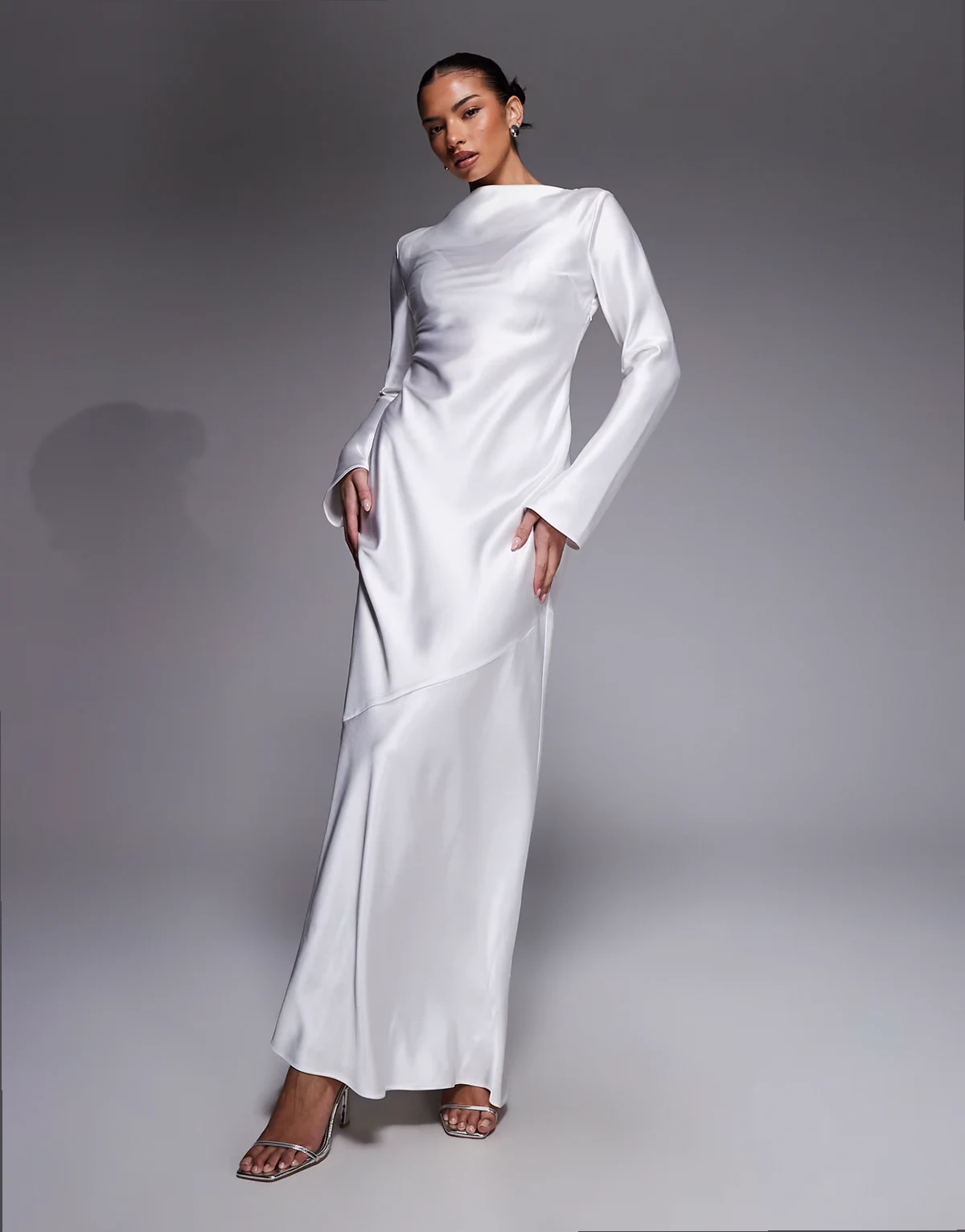satin bias cut long sleeve seam detailing maxi dress in ivory
