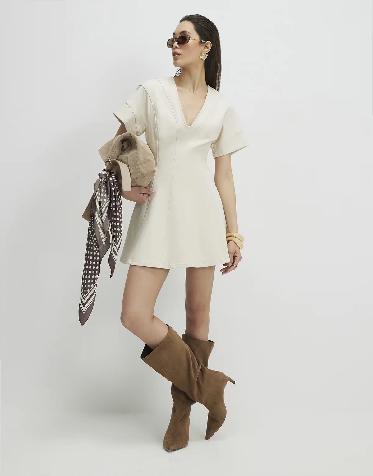 denim seamed detail mini dress in ecru
