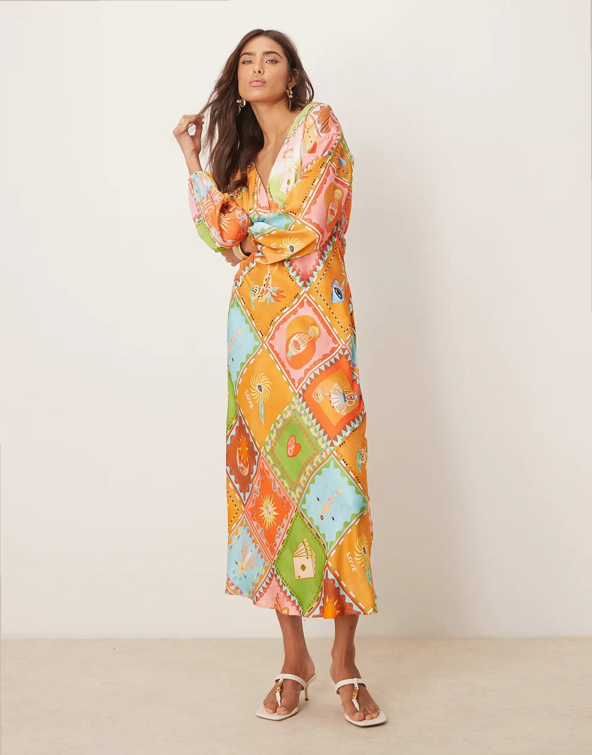 balloon sleeve midaxi dress in multi print