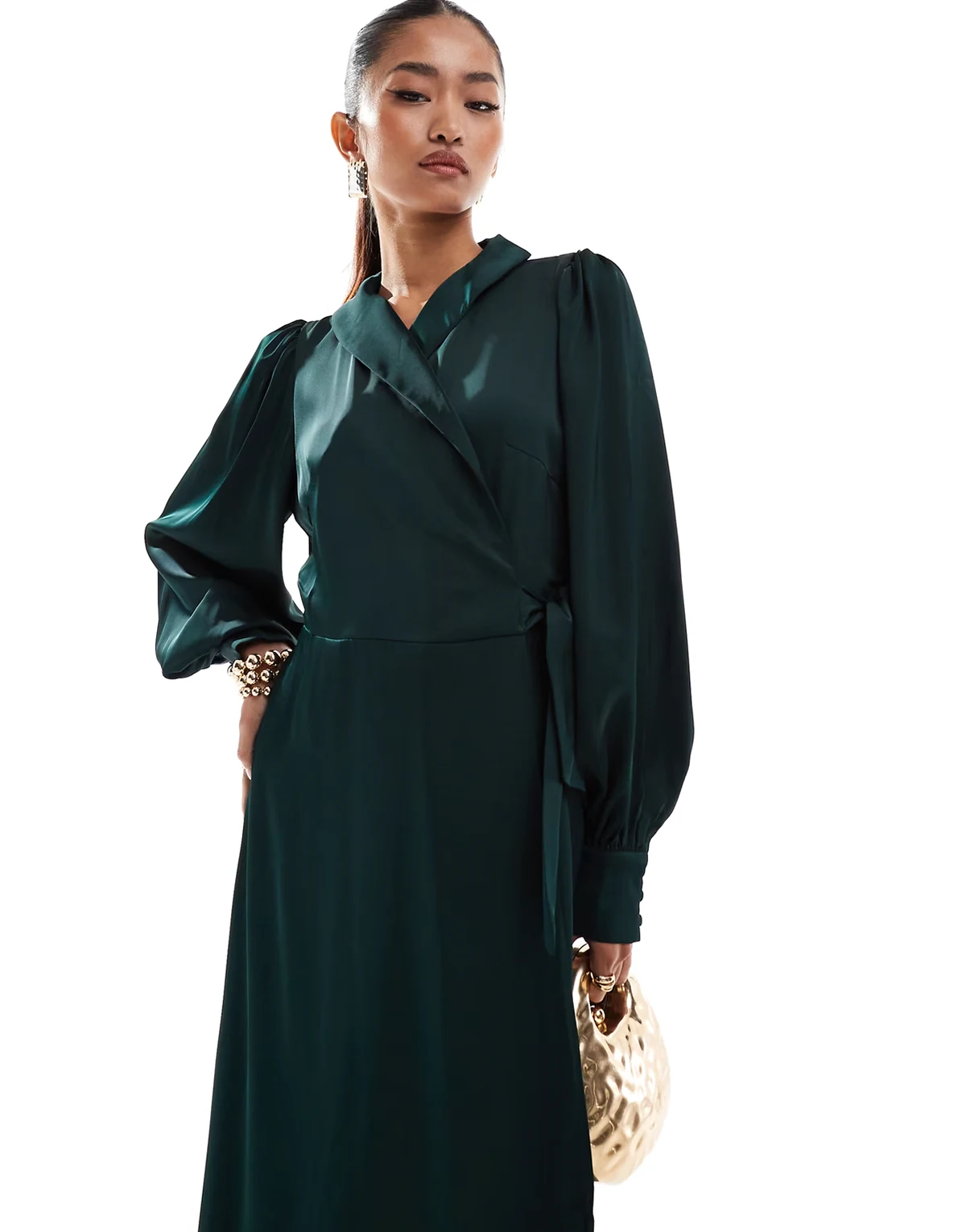 – Bridesmaid – Wickel-Maxikleid aus Satin in Grün