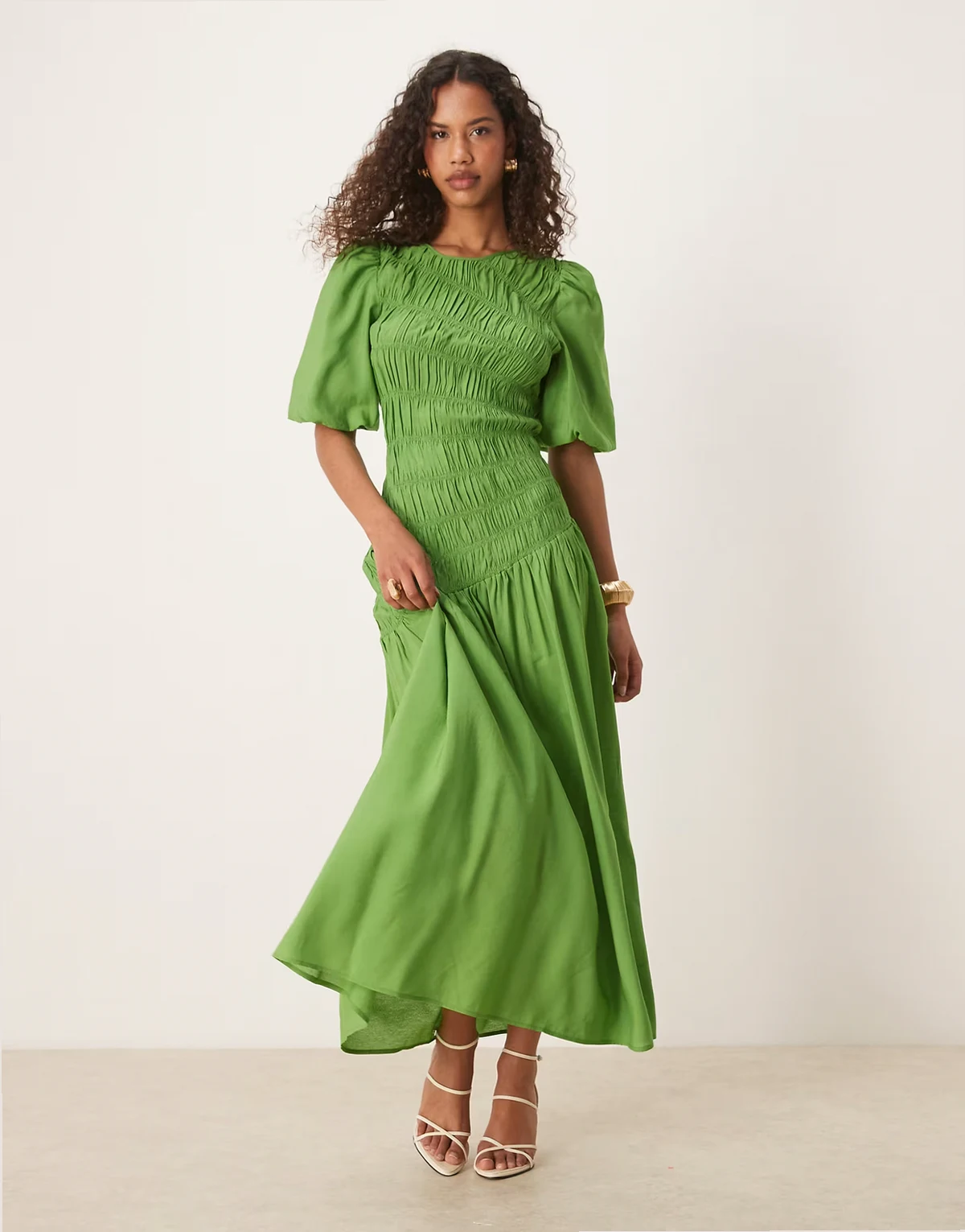 shirred midaxi dress in green