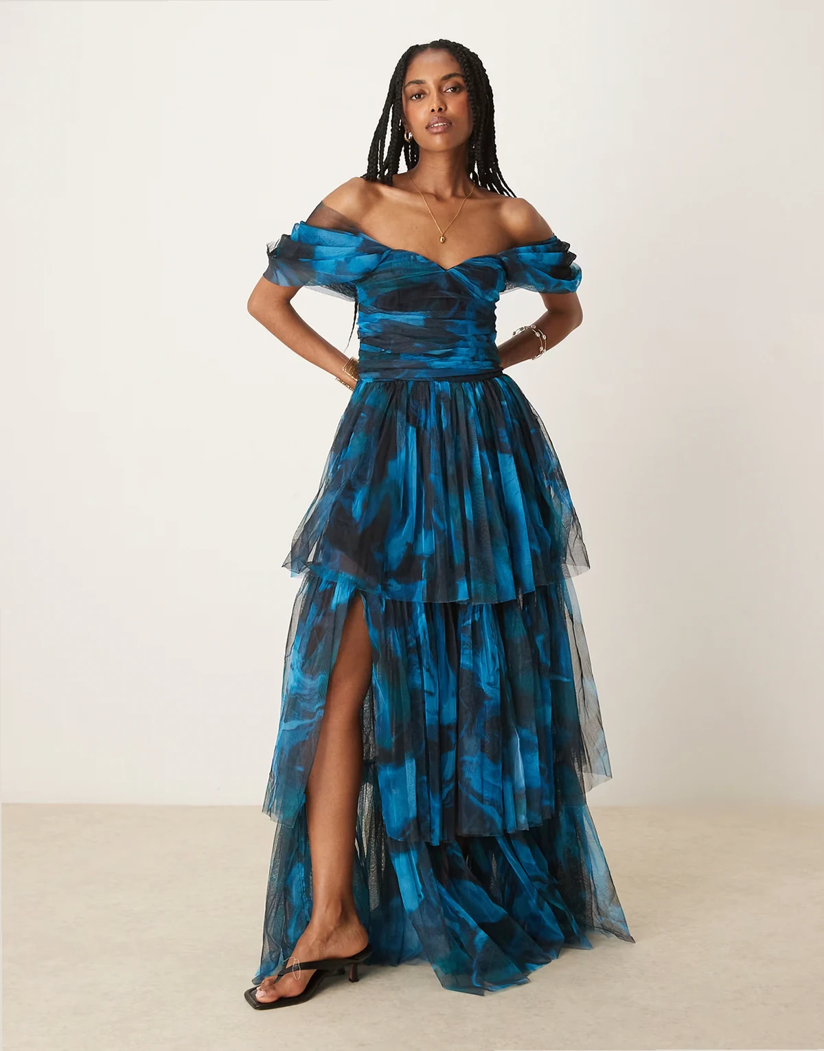 off the shoulder tulle maxi dress in watercolor blue