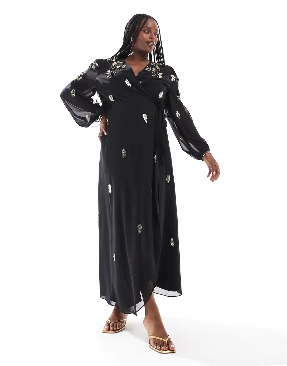 wrap front maxi dress with gold embellishment in black