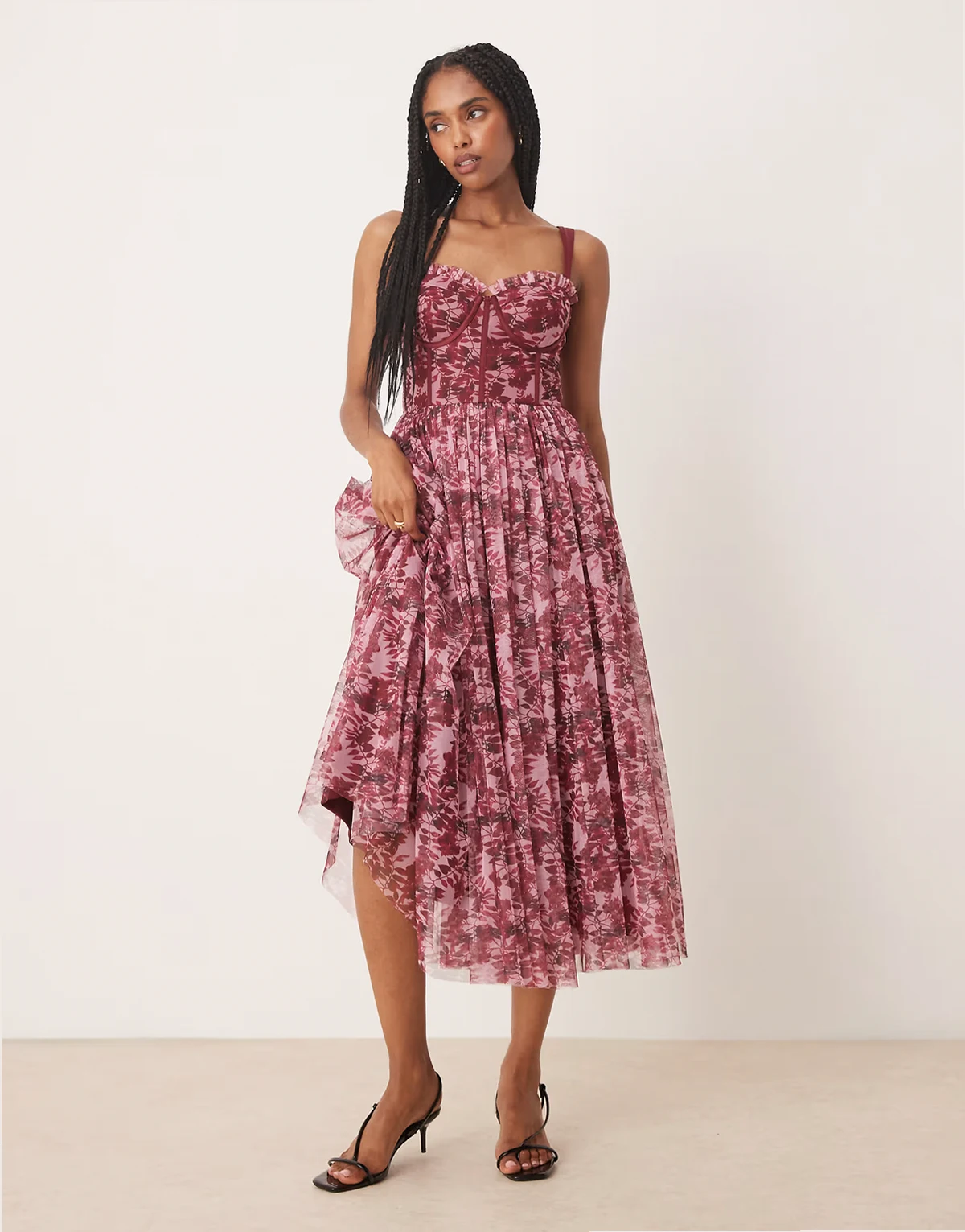 corset midi dress in berry rose floral