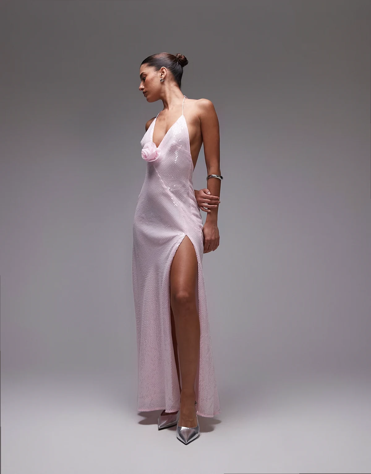 sequin corsage halterneck maxi dress in pink