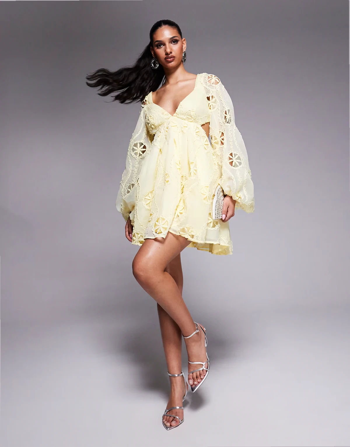 lace cut out mini dress in lemon