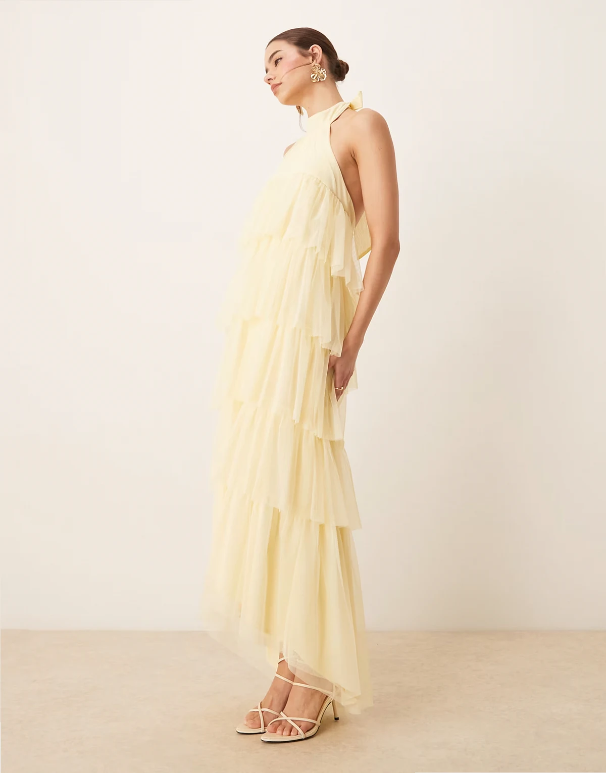 backless tiered tulle maxi dress in lemon