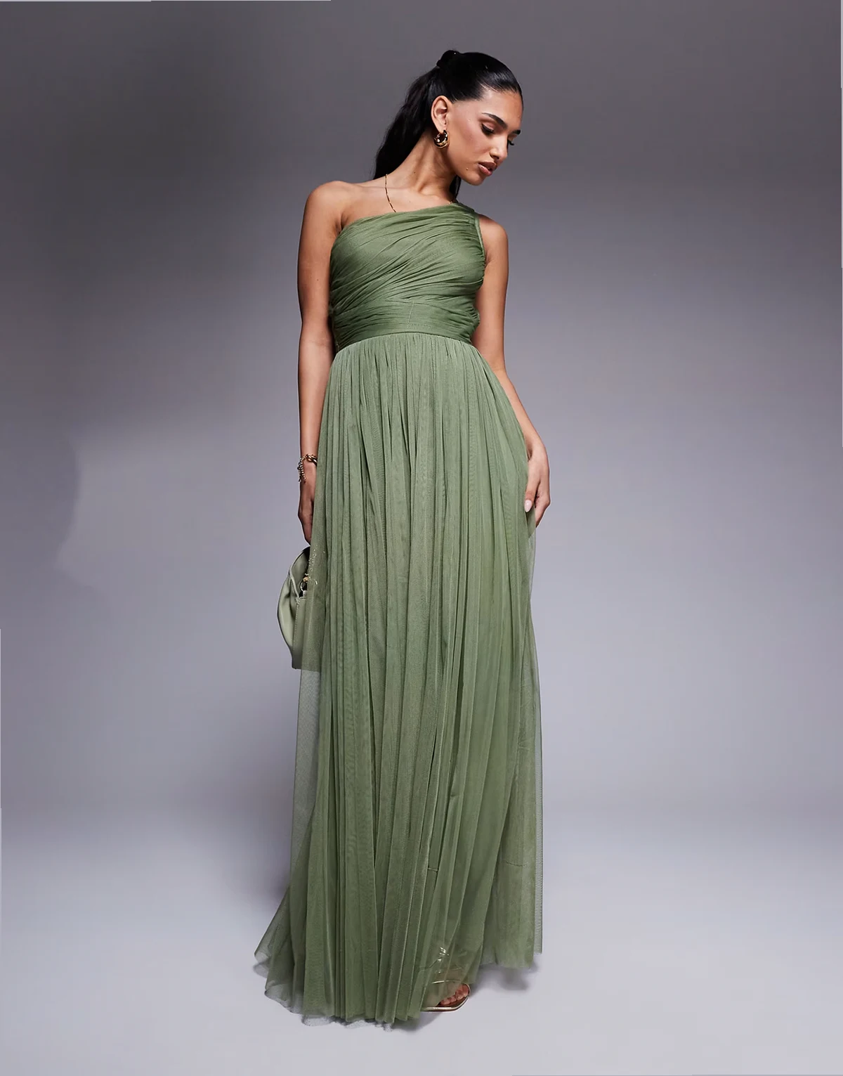 Bridesmaid one shoulder maxi dress in soft olive