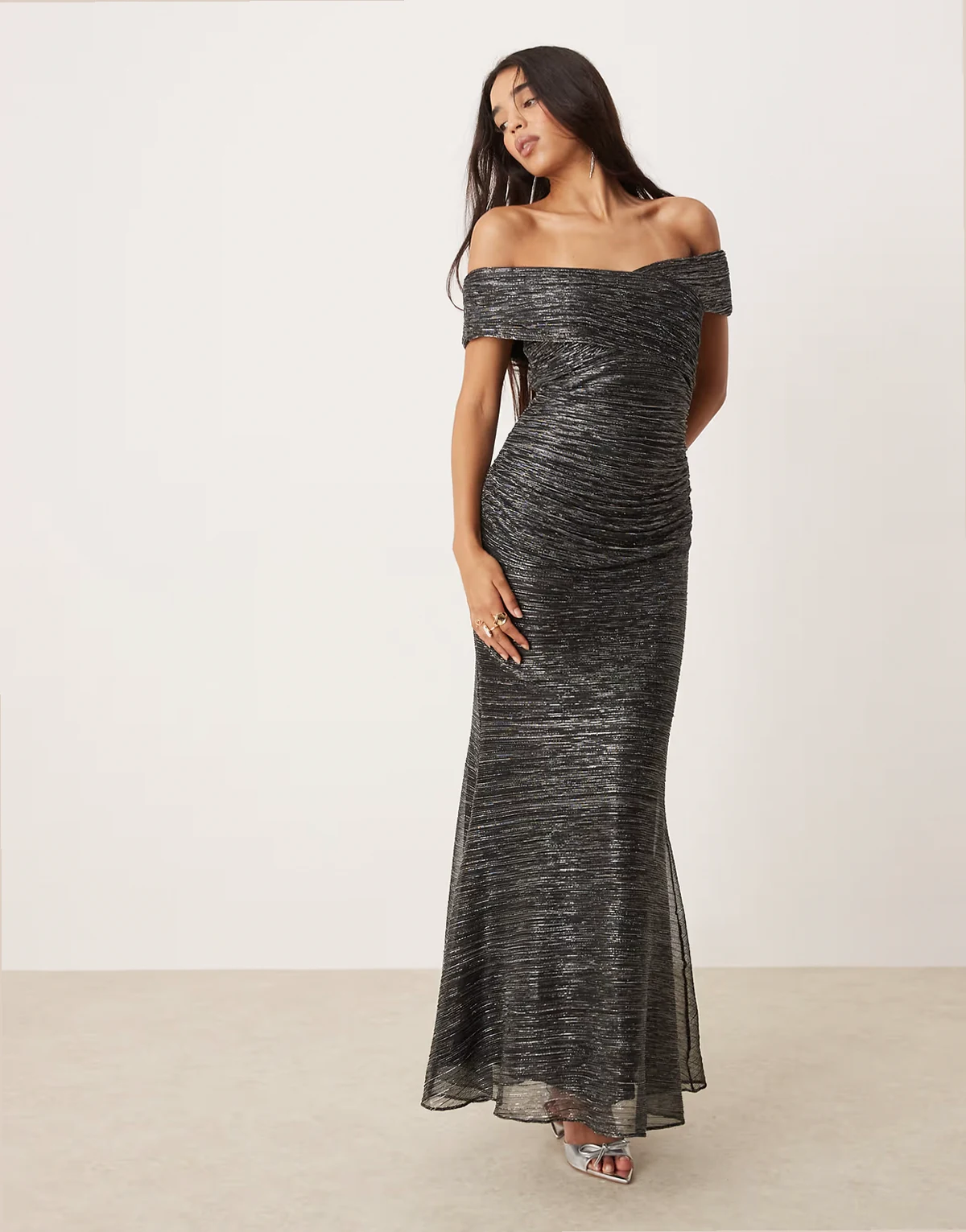 ruched metallic plisse midaxi dress in charcoal
