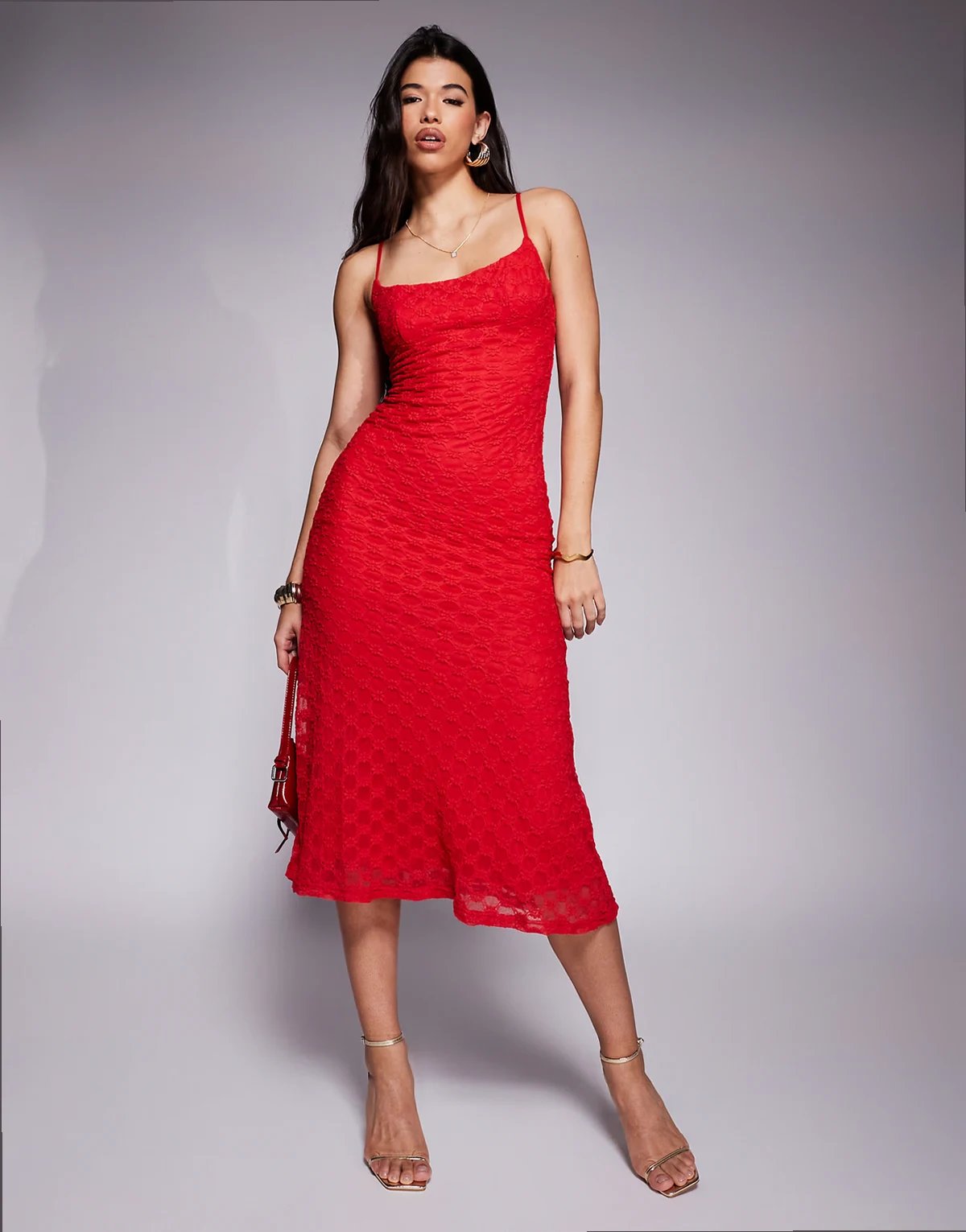 – Camisole-Midikleid aus Mesh in Rot mit Spitze