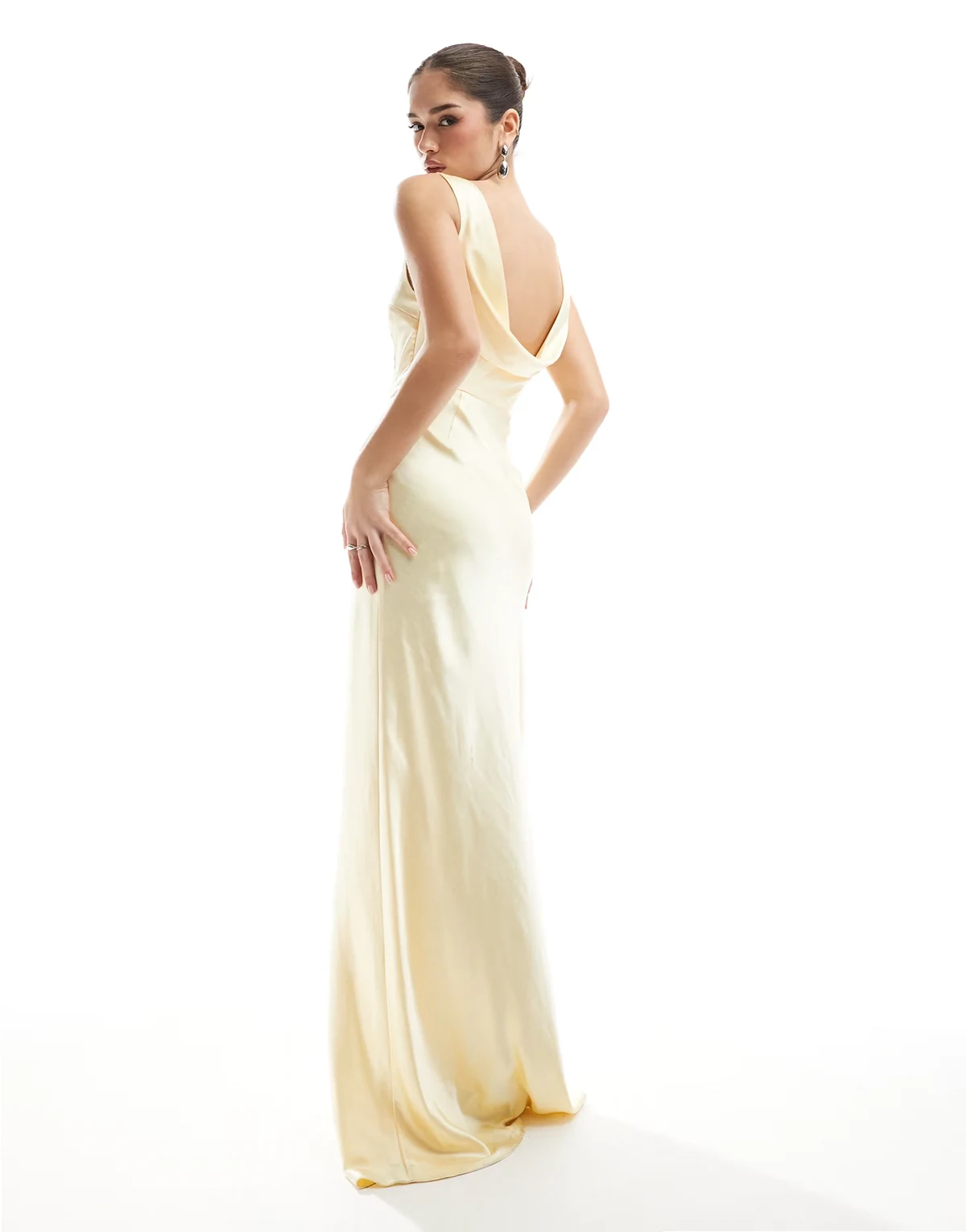 Bridesmaid cowl back satin maxi dress in lemon