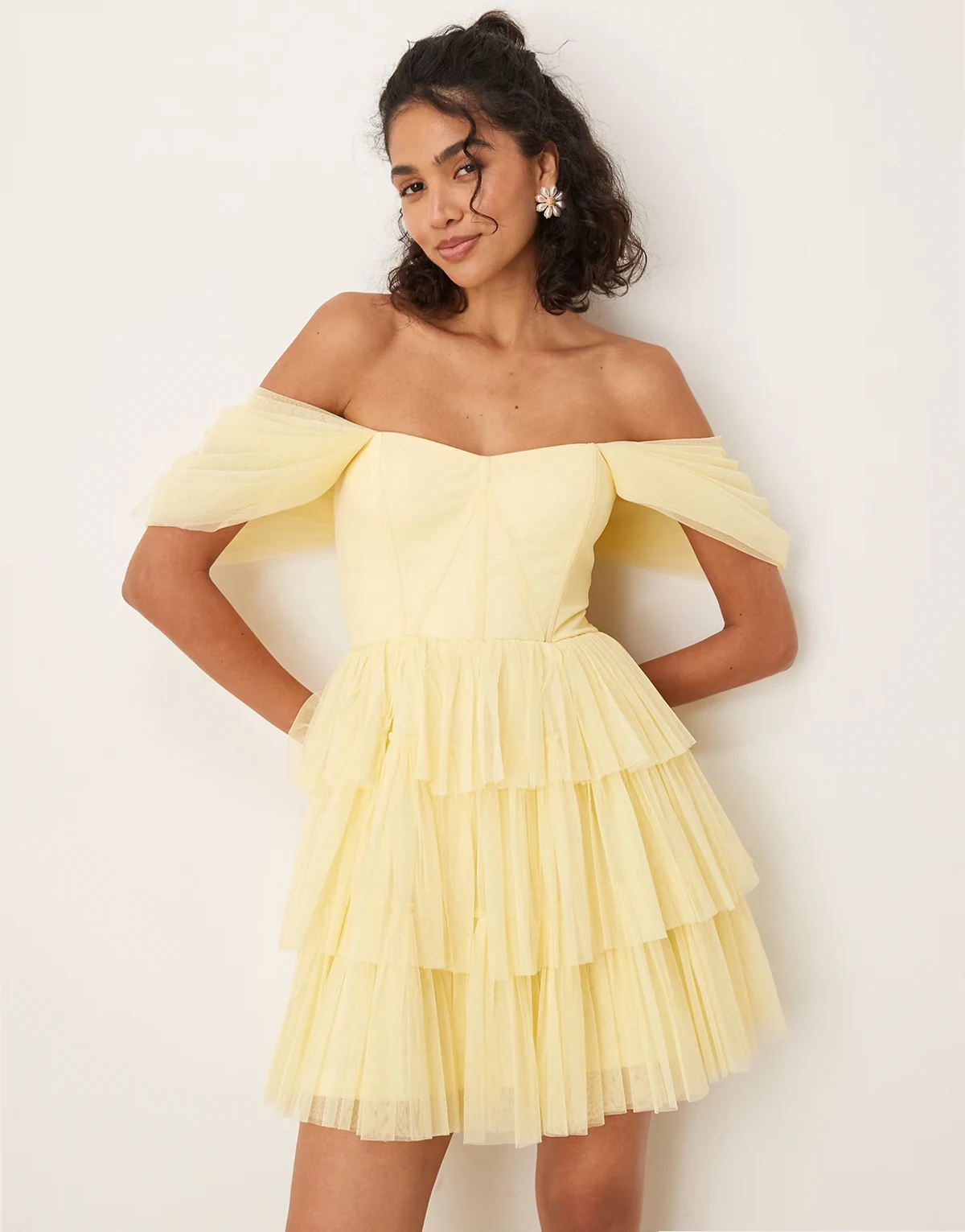off the shoulder corset tulle mini dress in buttercup