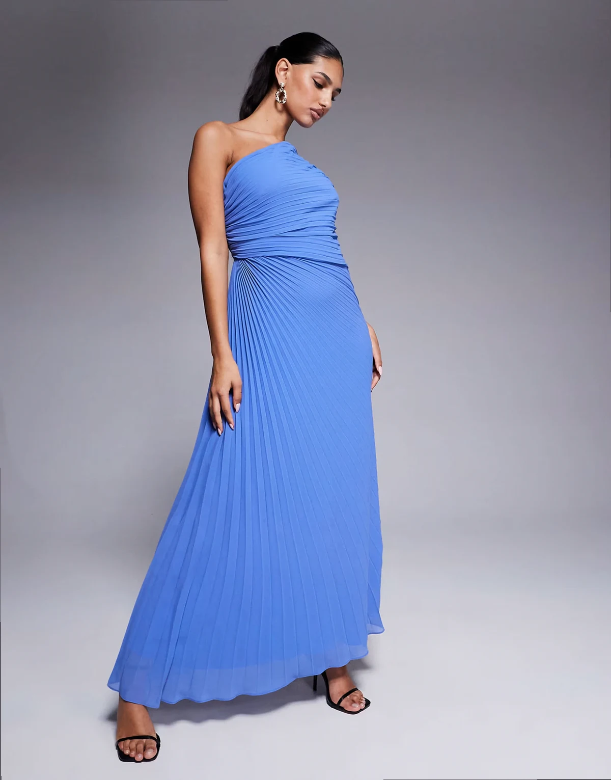 one shoulder pleated maxi dress in blue