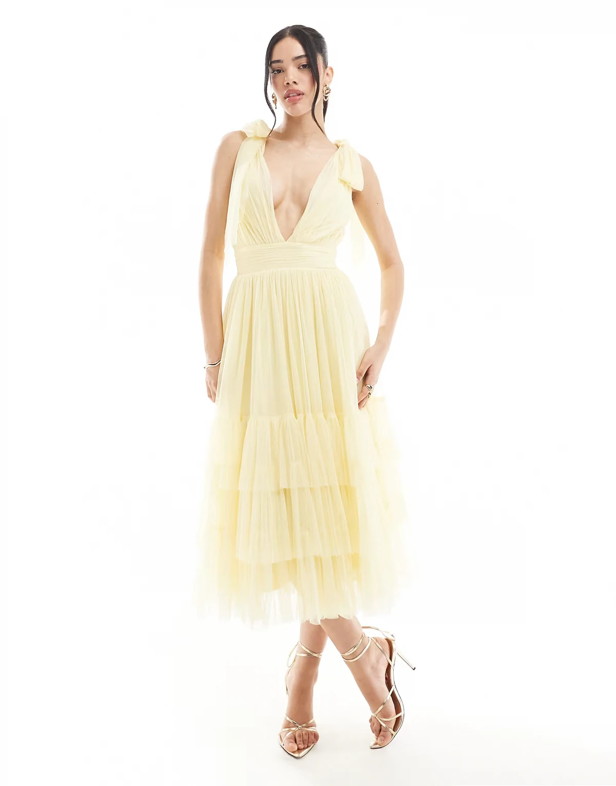 Bridesmaid Madison bow shoulder midaxi dress in butter yellow