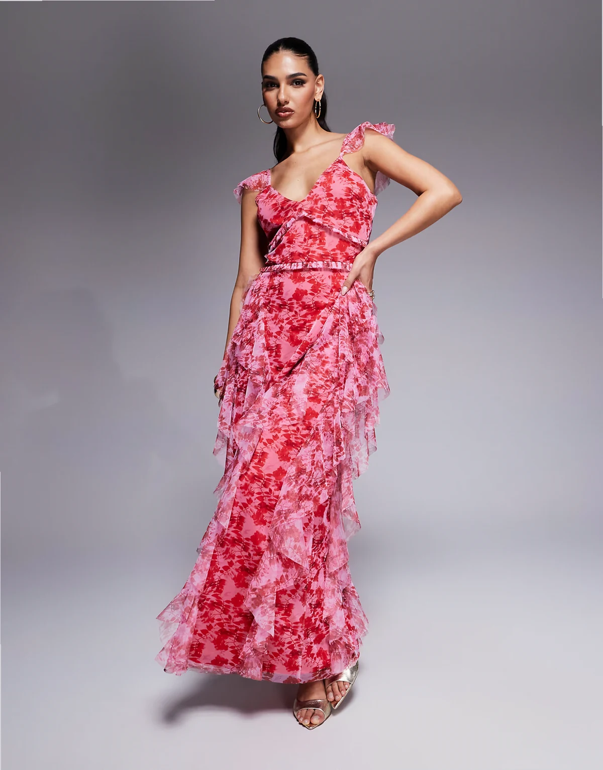 ruffle midaxi tulle dress in red and pink floral