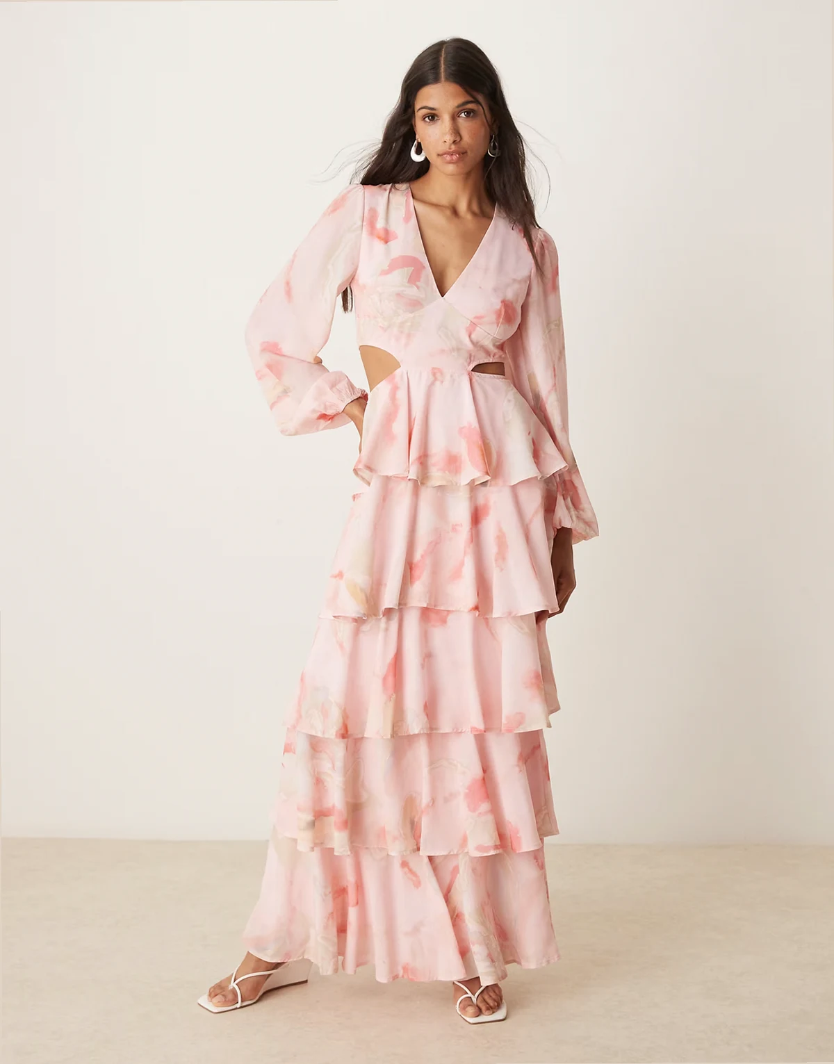 Ashton cut-out ruffle maxi dress in pink marble print