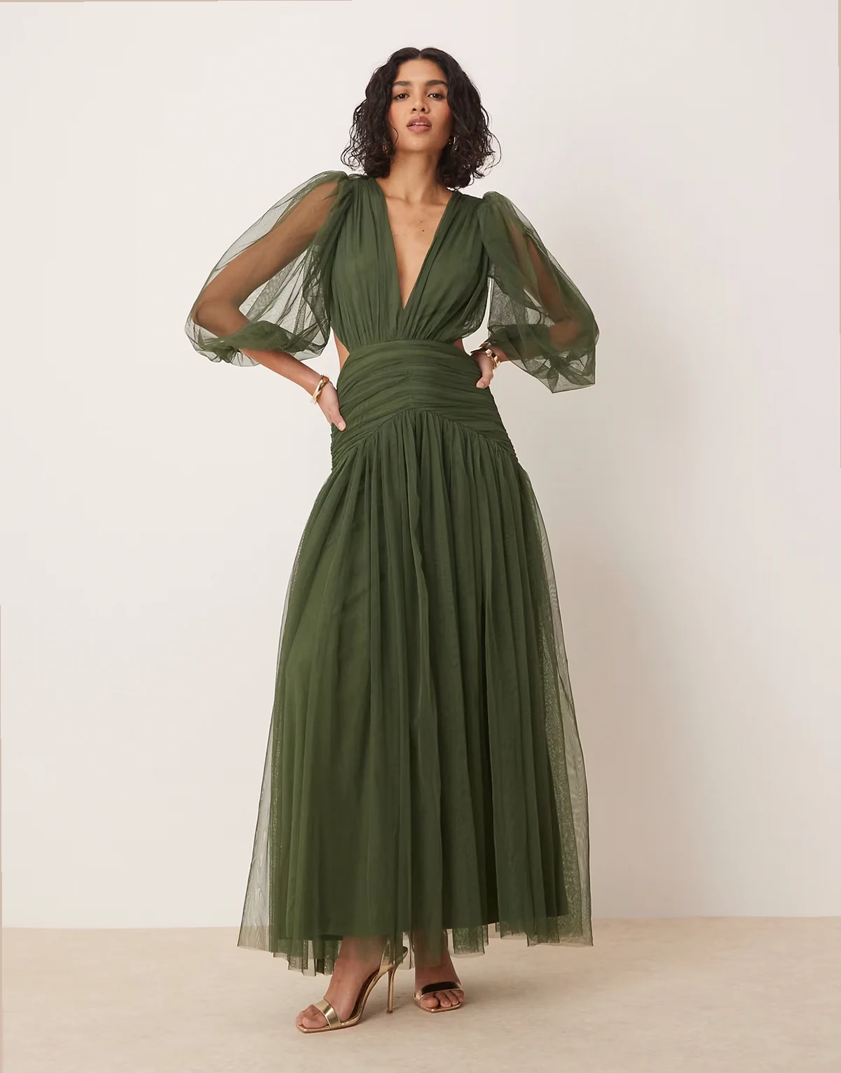 plunge drop hem maxi dress in olive