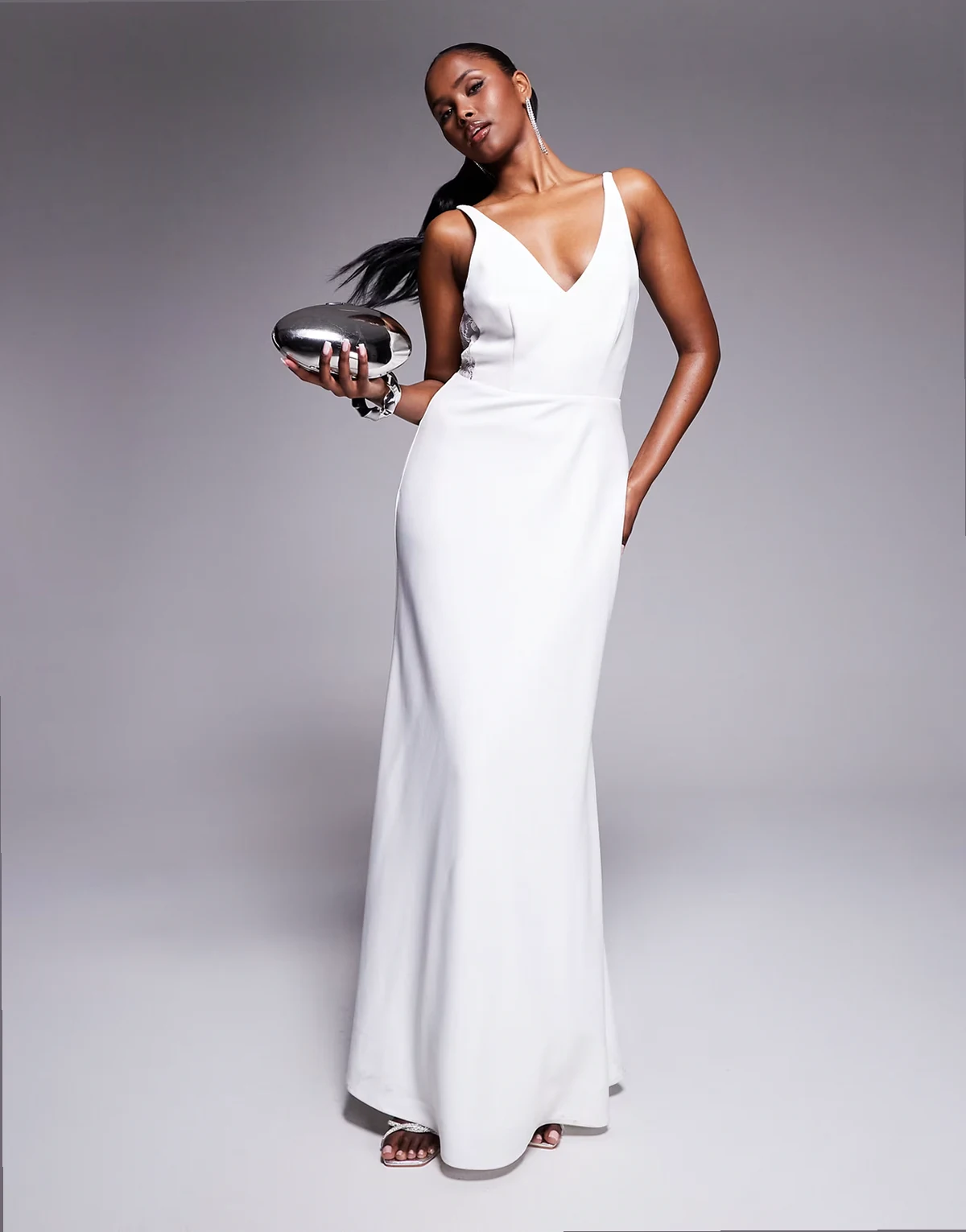 v-neck maxi dress with lace panels in ivory