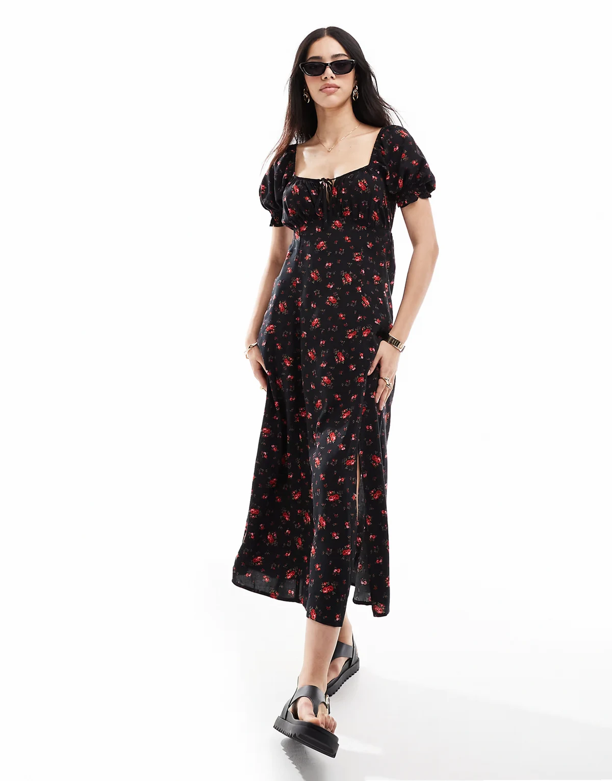 – Midaxi-Freizeitkleid aus gesponnenem Stoff in Schwarz mit Rosenmuster
