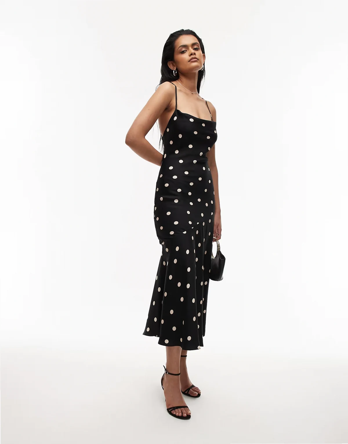 maxi cami slip dress with low back in mono polka spot print