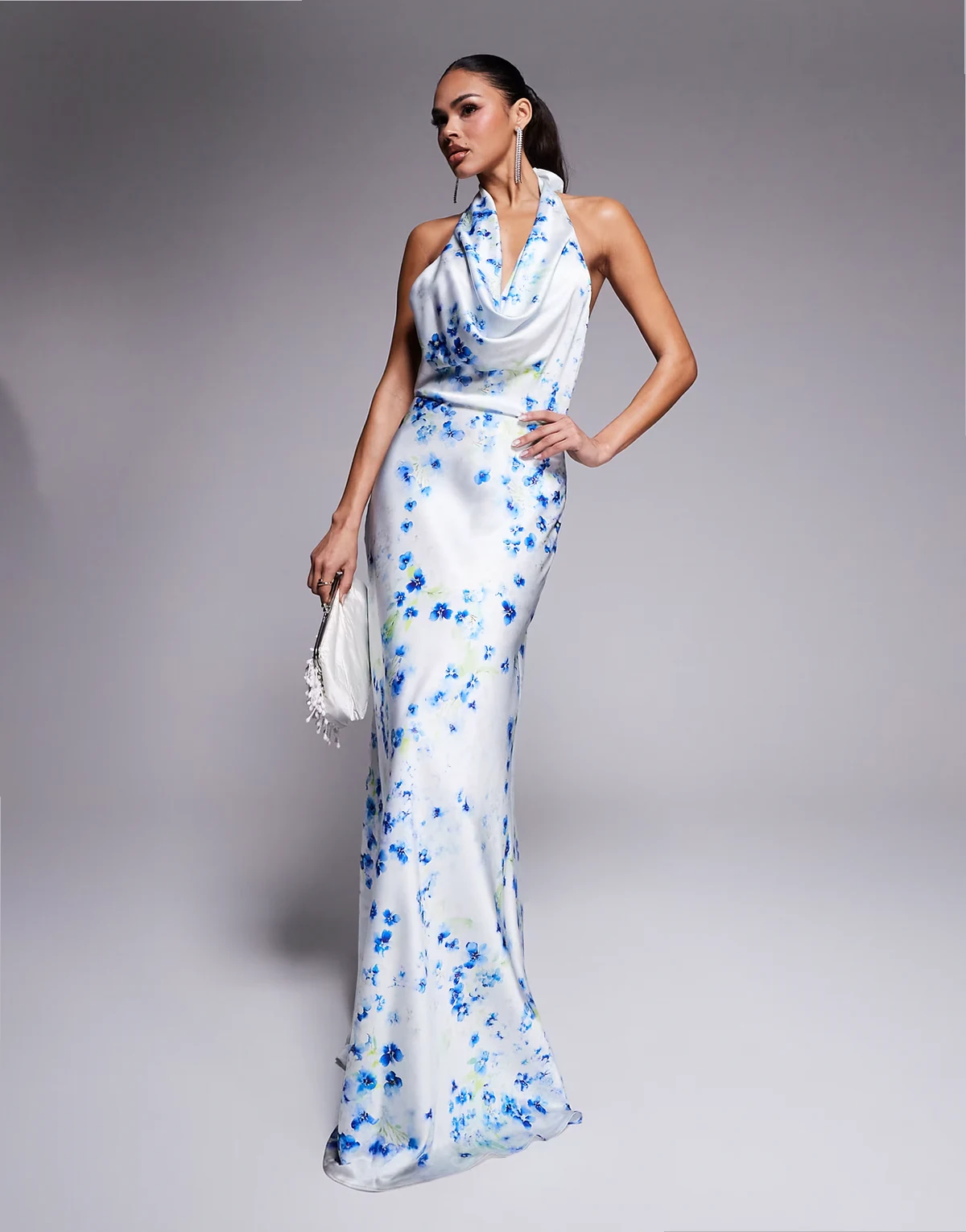 cowl halter neck satin maxi dress in blue floral
