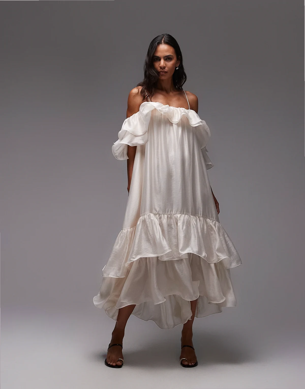 midaxi dress with off shoulder and double ruffle detail in white