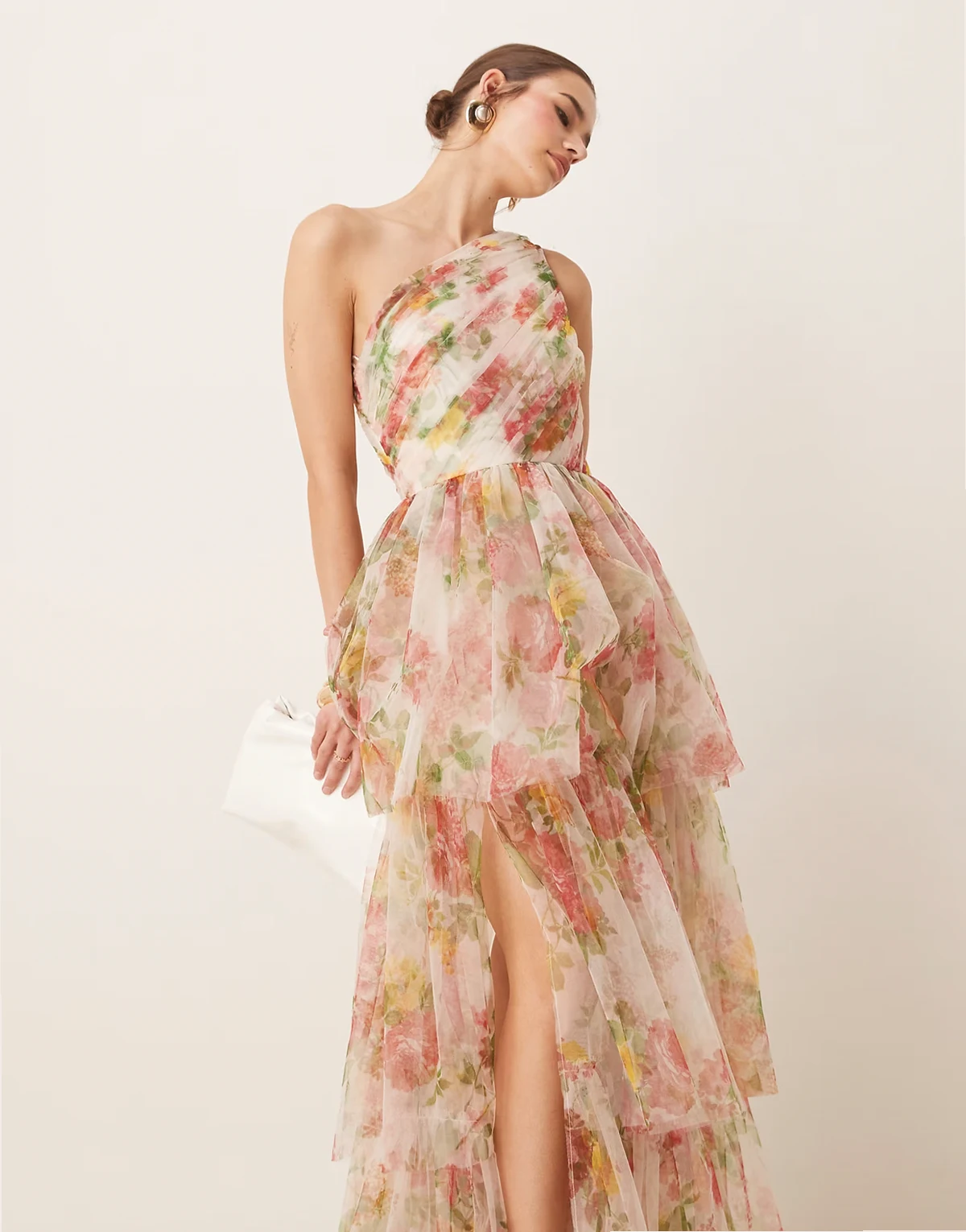 one shoulder tiered tulle maxi dress in bright floral
