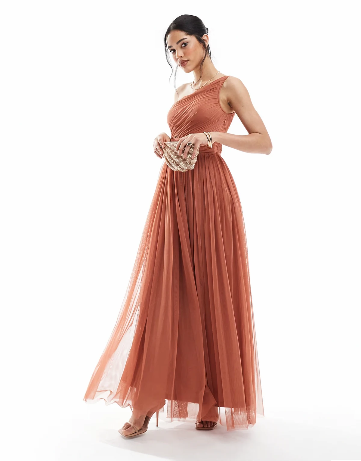 Bridesmaid one shoulder maxi dress in terracotta
