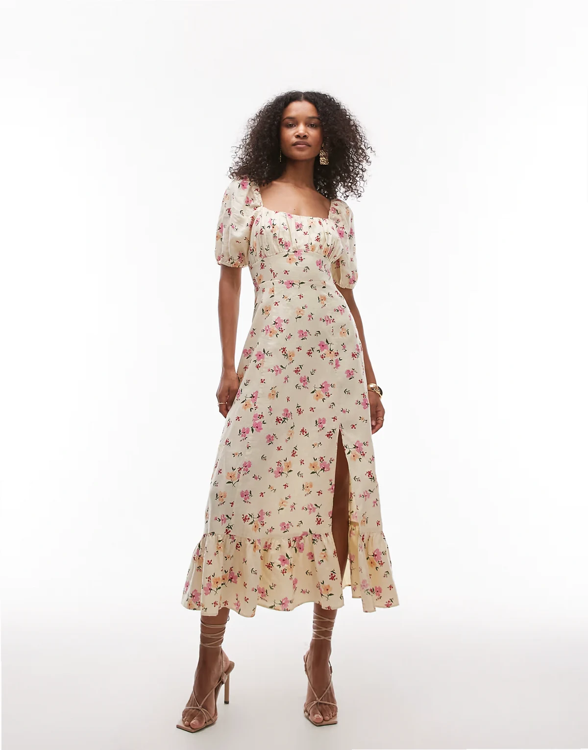 – Leinen-Midaxikleid mit Blumenmuster, Puffärmeln und Schlitz