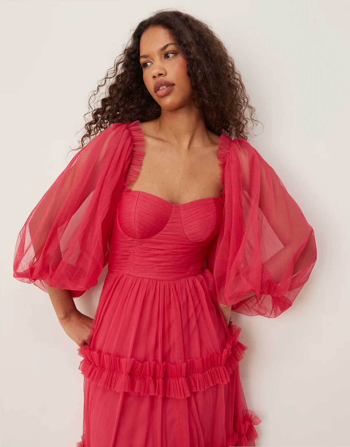 corset balloon sleeve ruffle maxi dress in bright fuchsia