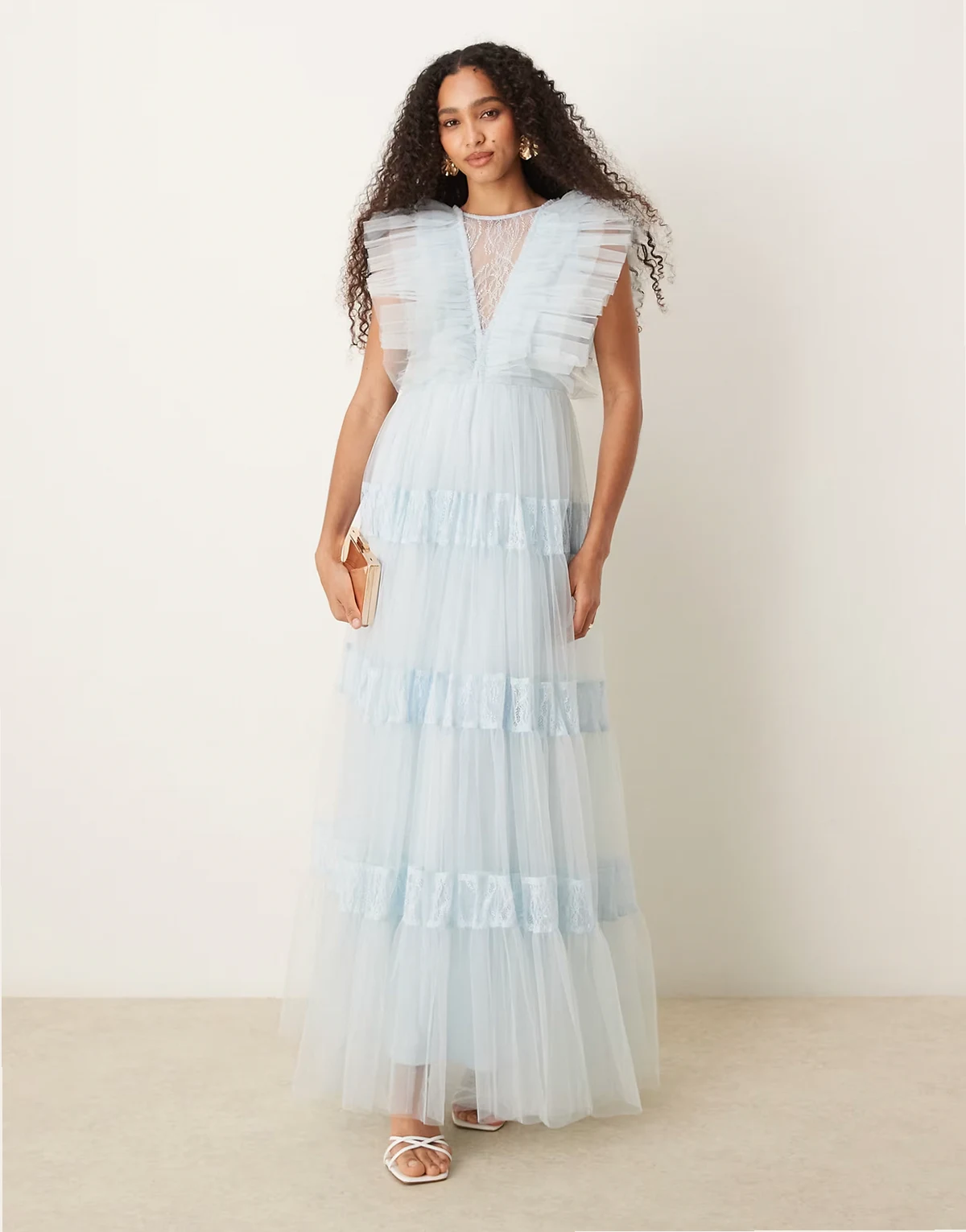 lace insert tulle maxi dress in light blue
