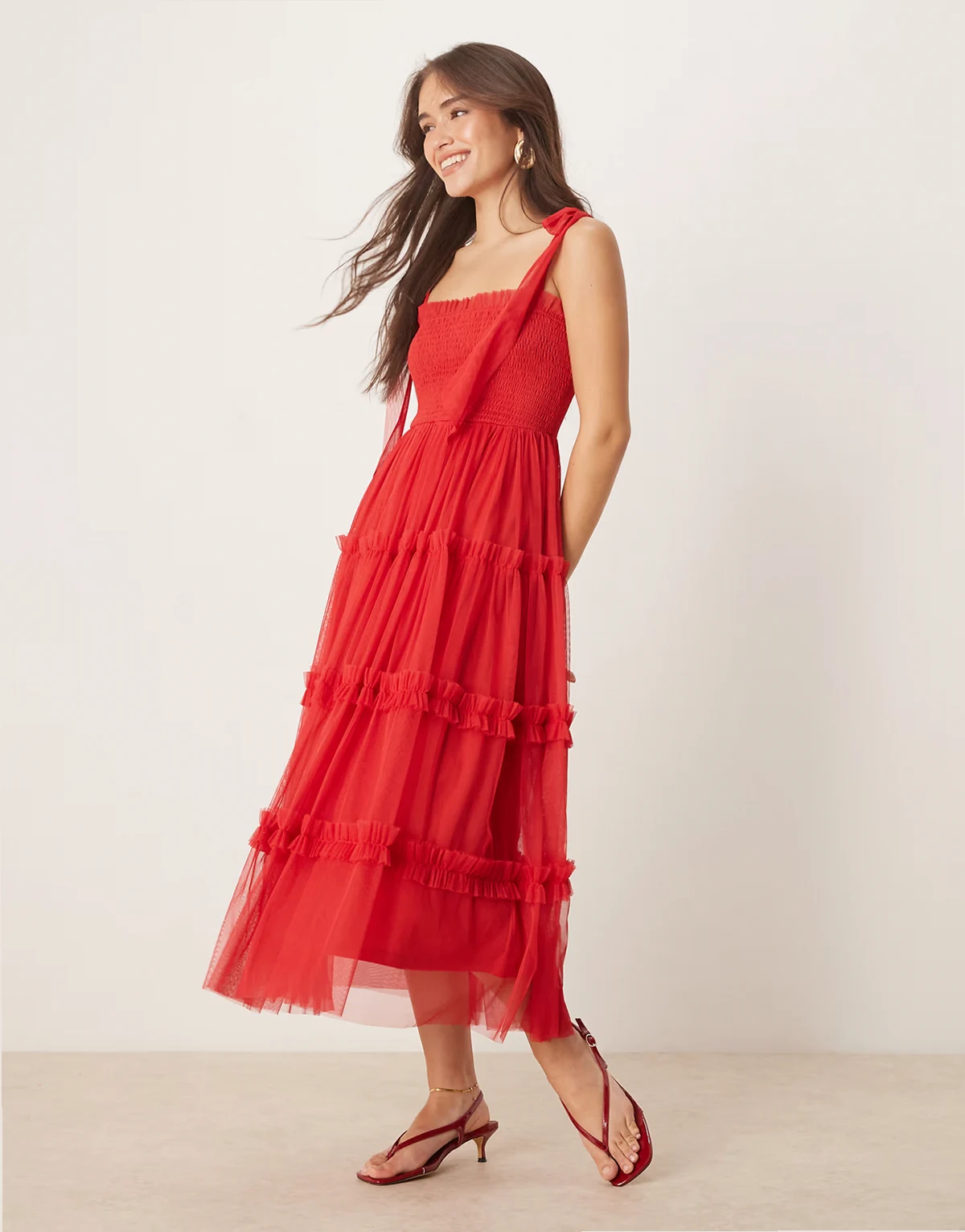 bow shoulders ruffle midi dress in cherry red