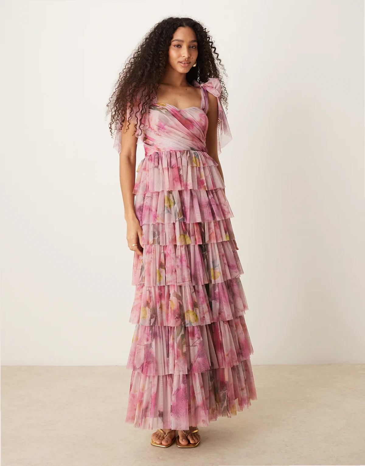 bow shoulders tiered tulle maxi dress in pink floral
