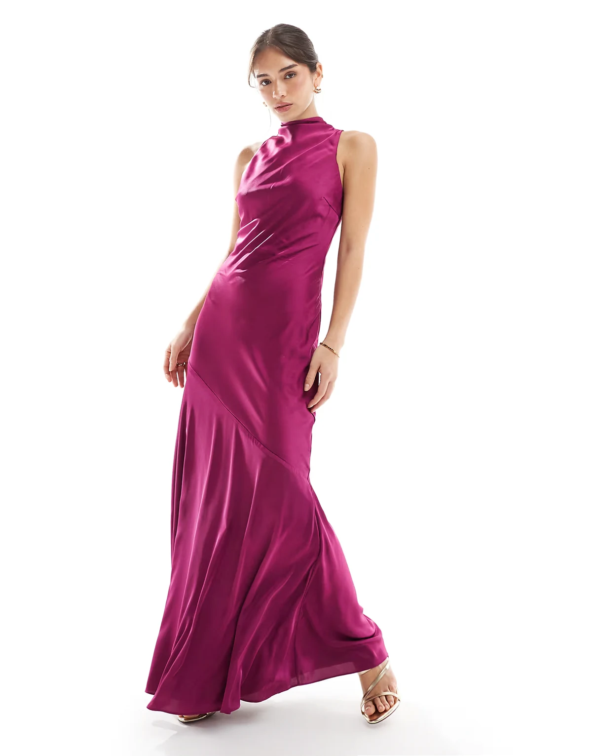 Bridesmaids – Śliwkowa asymetryczna sukienka satynowa maxi z zabudowanym dekoltem