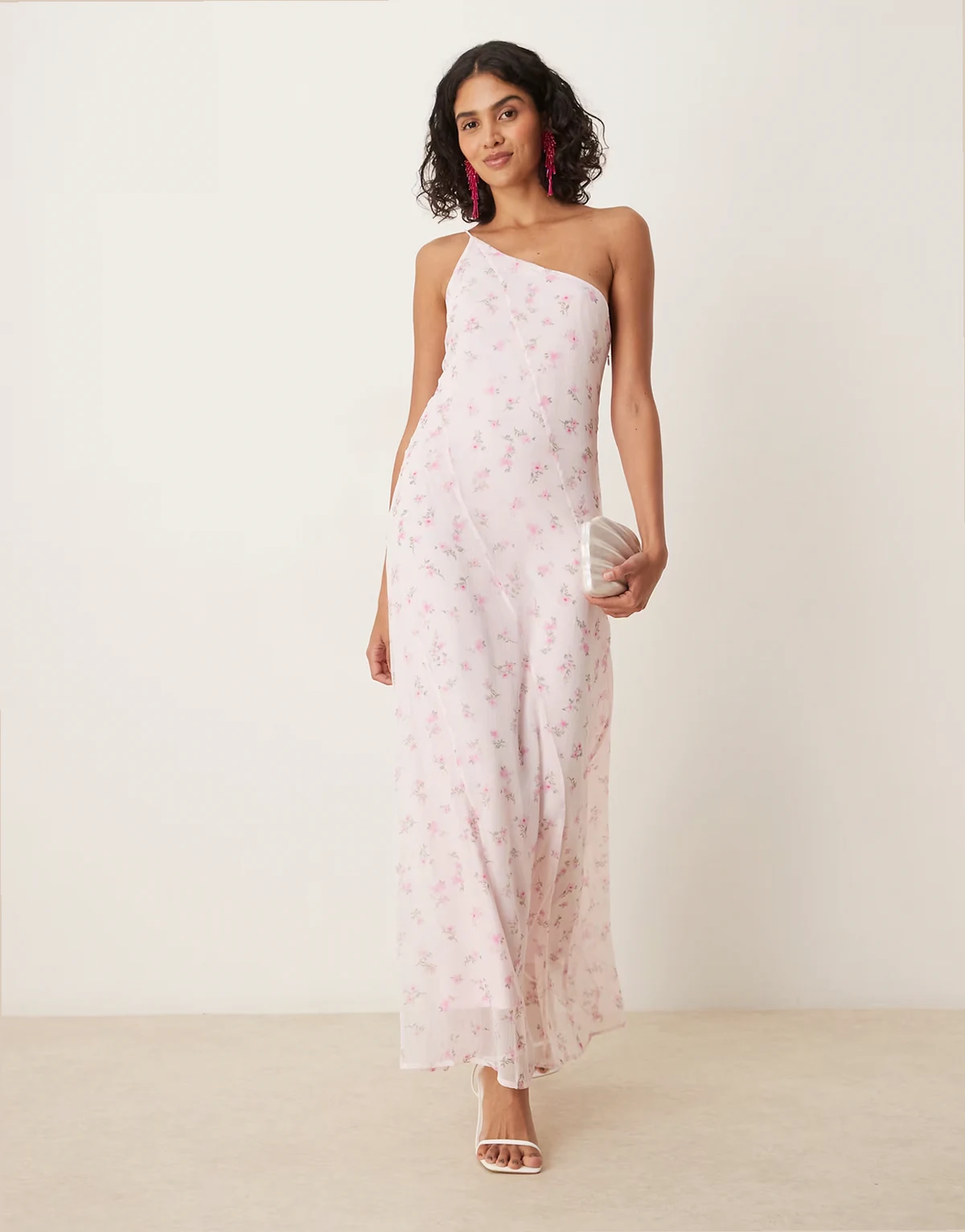 – Maxikleid in Rosa mit Blümchenmuster und One-Shoulder-Träger