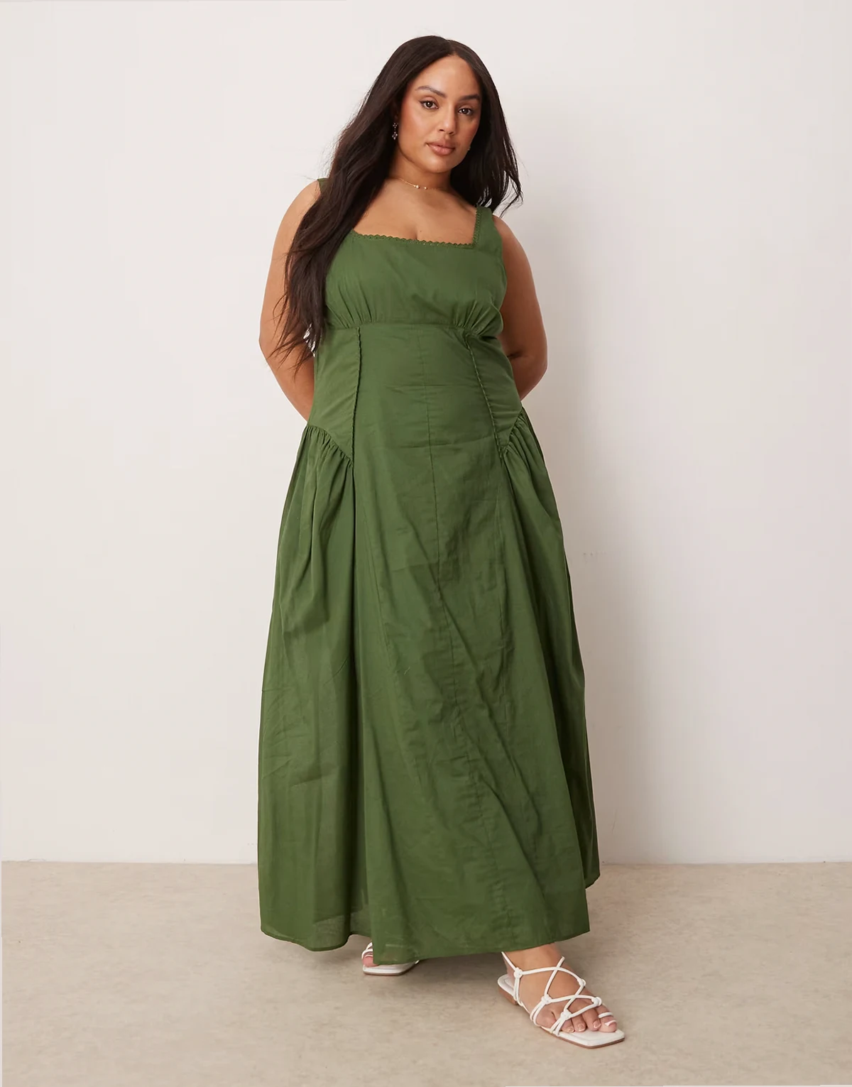 ASOS DESIGN Curve – Letnia ciemnozielona sukienka maxi z kwadratowym dekoltem i obniżonym stanem