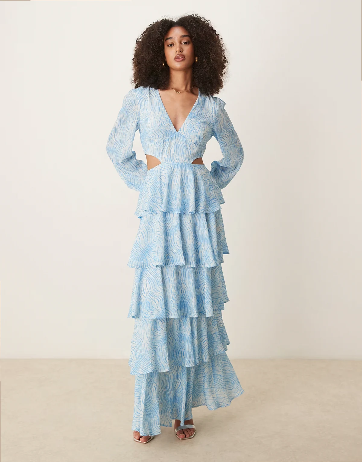 Ashton cut-out ruffle maxi dress in blue swirl print