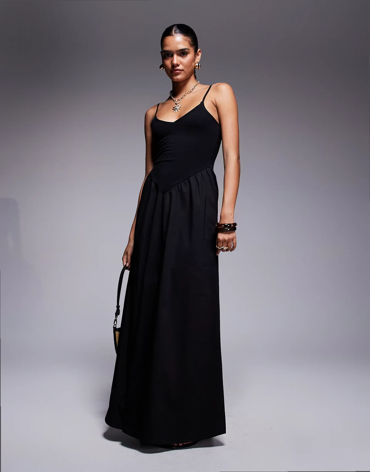cotton & poplin mix v neck drop waist detail maxi dress in black