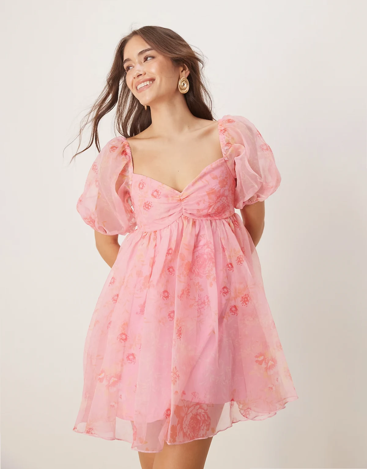 sheer sleeves organza mini dress in pink floral