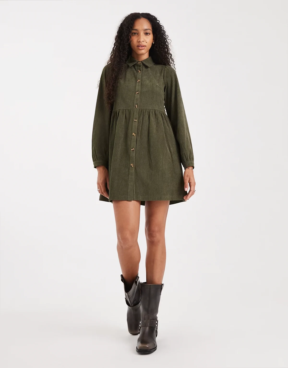 cord shirt mini dress in green