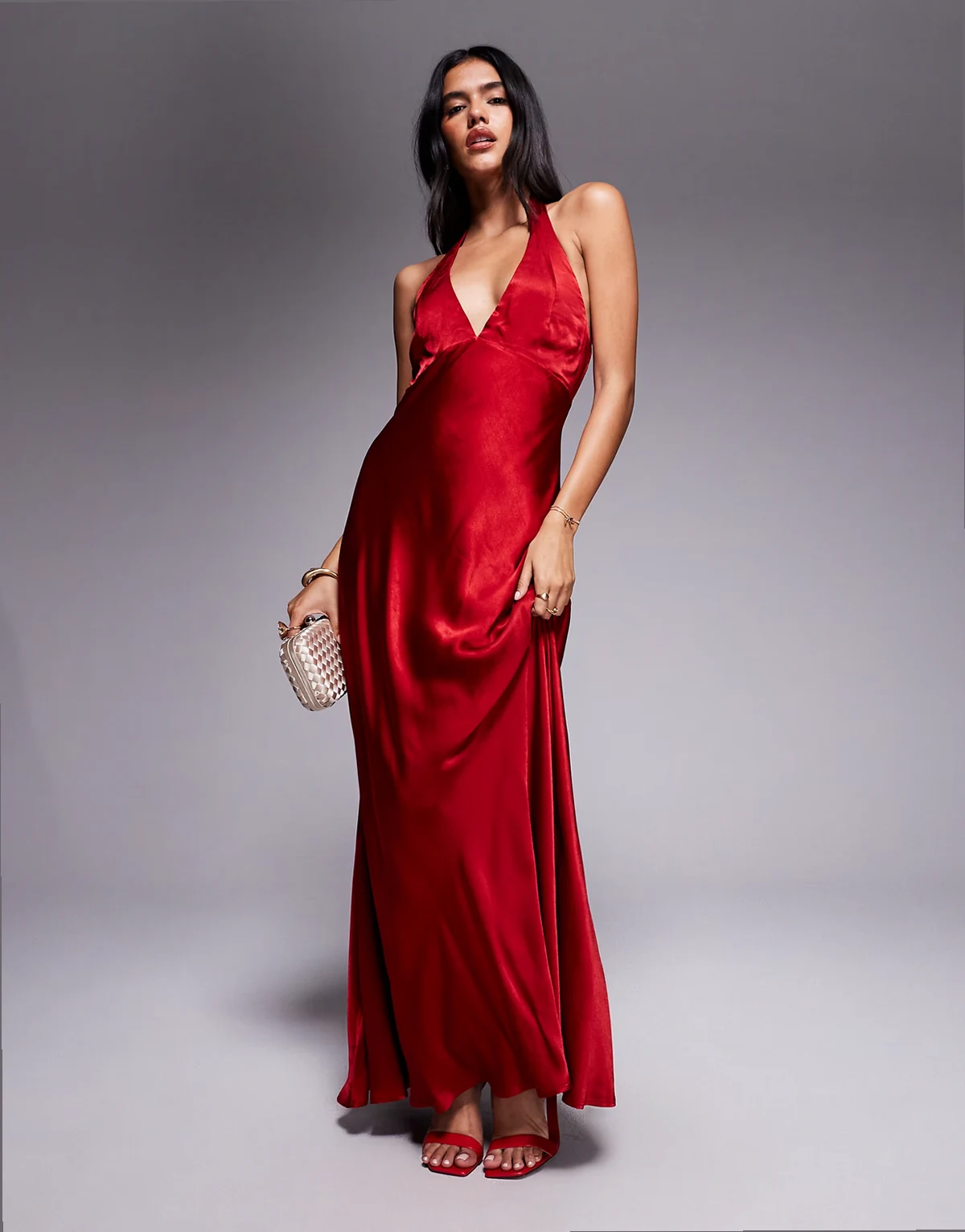 Magdalene satin halter dress in deep red