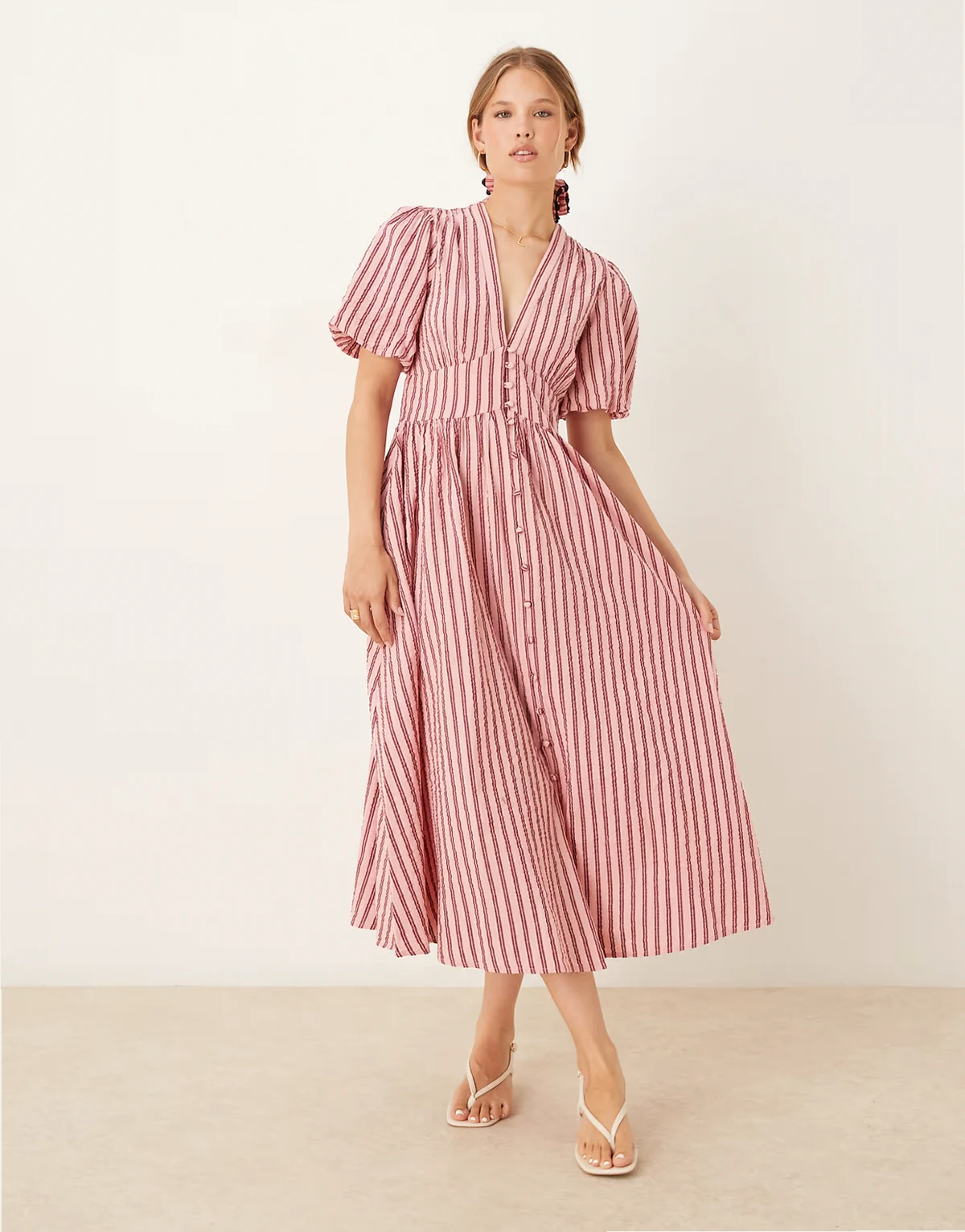 – Starlight – Midikleid in gestreiftem Rosa mit Puffärmeln